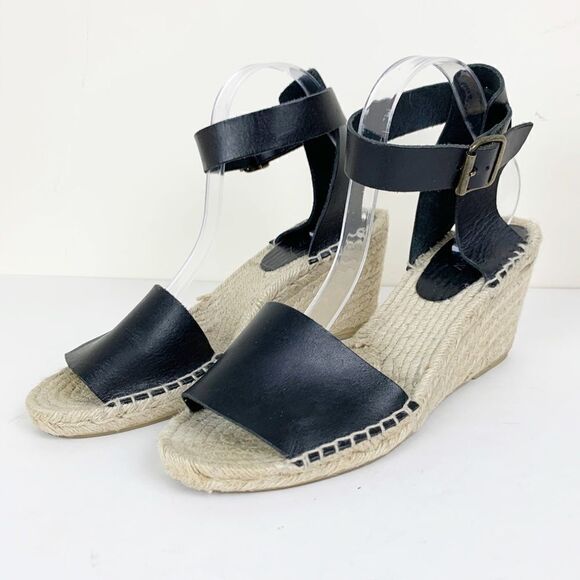 J Crew Black‎ Leather Corsica Ankle Strap Peep-Toe Espadrilles Sz 11 - Picture 1 of 7